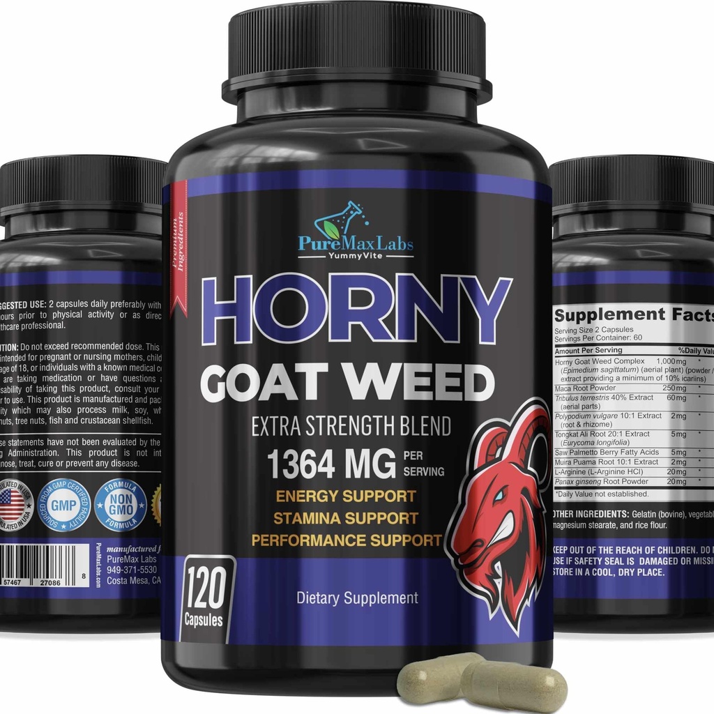 Horny Kozí burina Extra sila -120 Kapsule w. Maca, L-Arginín, Ženšen - Boost Desire, Výkon, Vytrvalosť, Energia, NeGMO Formula, 120 Kapsule