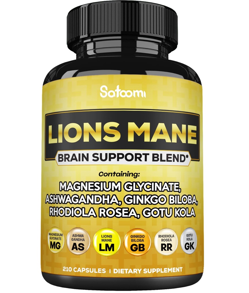 Lions Mane Supplement Kapsule s horčíkom s Ashwagandha Root, Ginkgo Biloba, Rhodiola Rosea a Gotu Kola - 210 Vegan Kapsule - Podpora Brain Health, Pozitívne Mood & Energy Production