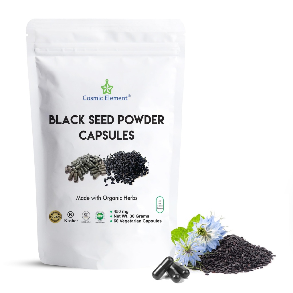 Kozmický element 100% Pure Black Seed Powder Capsulses Organic - Vegan Nigella Sativa 450mg Black Cumin Seeds per Serving- for Health - 60 Kapsule