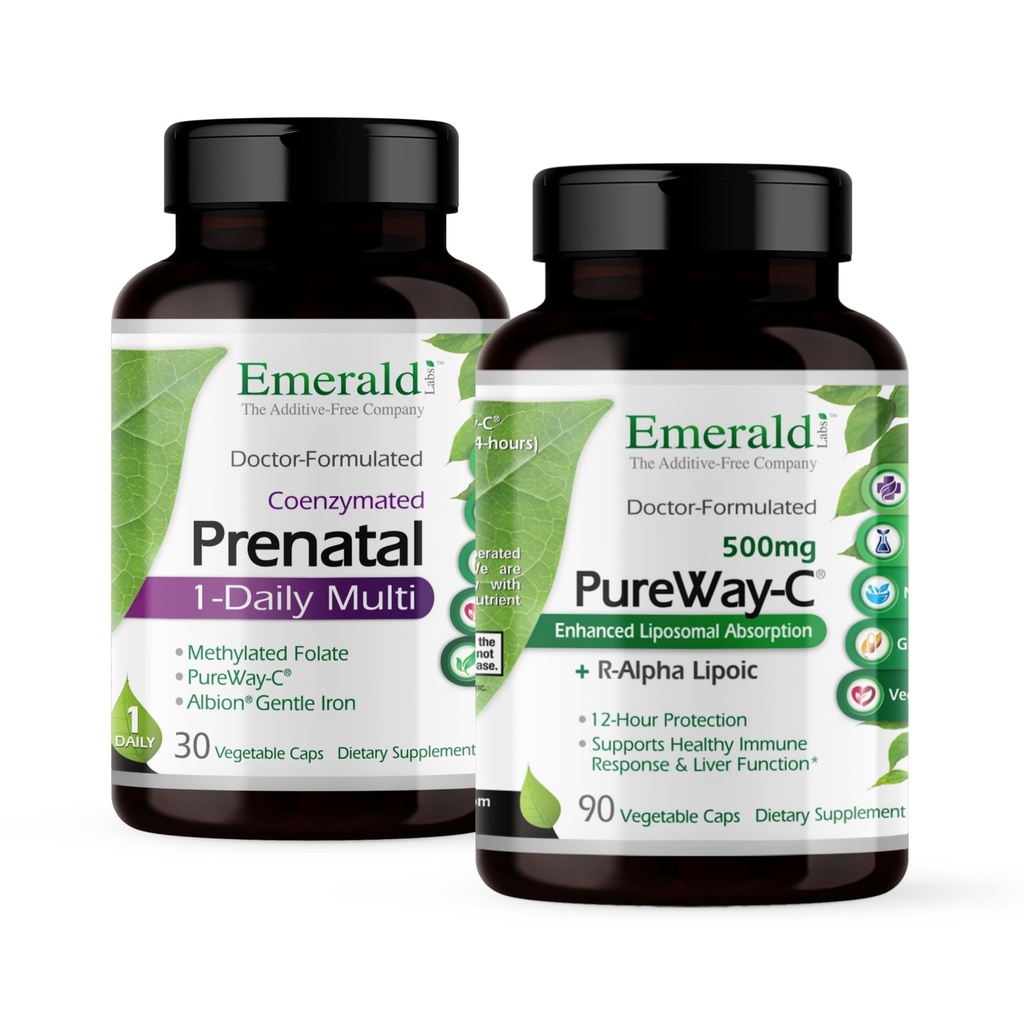 Emerald Labs Bundle s prenatálnym 1-Denným multi (60 Veg Caps) & PureWay-C (90 Veg Caps) - prenatálny multivitamín s metylovaným folátom, železom a viac* - vitamín C doplnok s kyselinou R-Alpha Lipoová