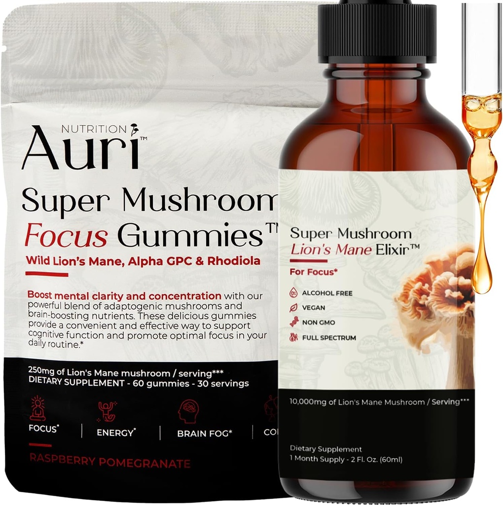 Auri Focus Gummies & Brain Boost Elixir Bundle - Super Huba Focus Gummies & Lion