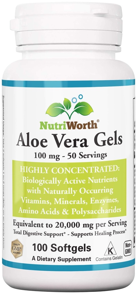 Aloe Vera Supplement (100 Softgels) 20 000mg Pure Gel Equivalency 