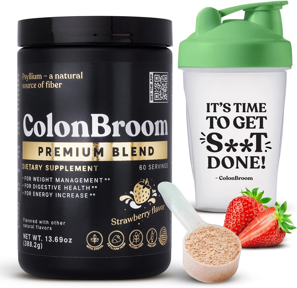 ColonBroom Premium Psyllium Husk prášok (jahoda, 60 Servings) + Shaker fľaša pre Colon Broom Fiber Powder Drink Bundle - Kolón očistiť pre Bloating Relief & Gut Health - Fiber Powder Supplement