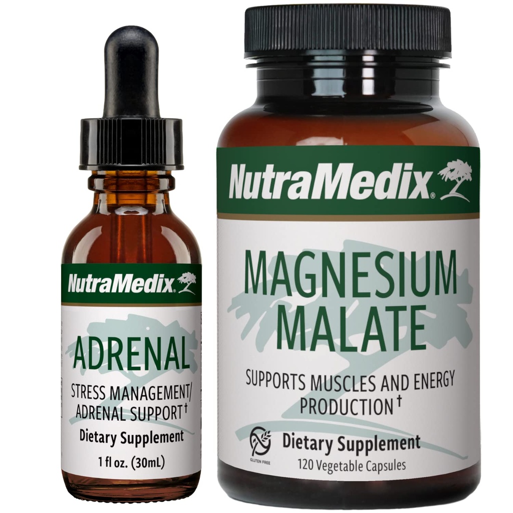 NutraMedix Energetická podpora Bundle - Zahŕňa adrenal Energy Support Tekuté kvapky a kapsule malátu horčíka od Energy & Athletic Support - Bez kofeínu - 2-piece Supplement Set