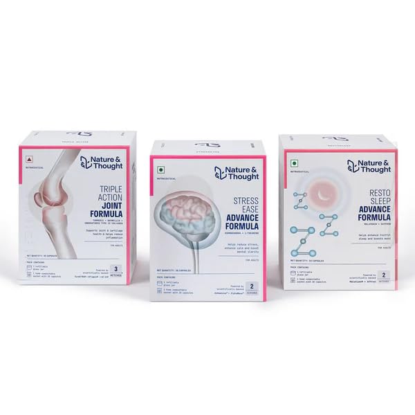 Nature & Thought Targeted C.A.R.E Combo | Joint Support, Restorative Sleep & Stress Balance | UC-II®, TurmXTRA®, Aflapin®, Melotime® SR, Affron®, Ashwanova™, AlphaWave™ | Pack of 3