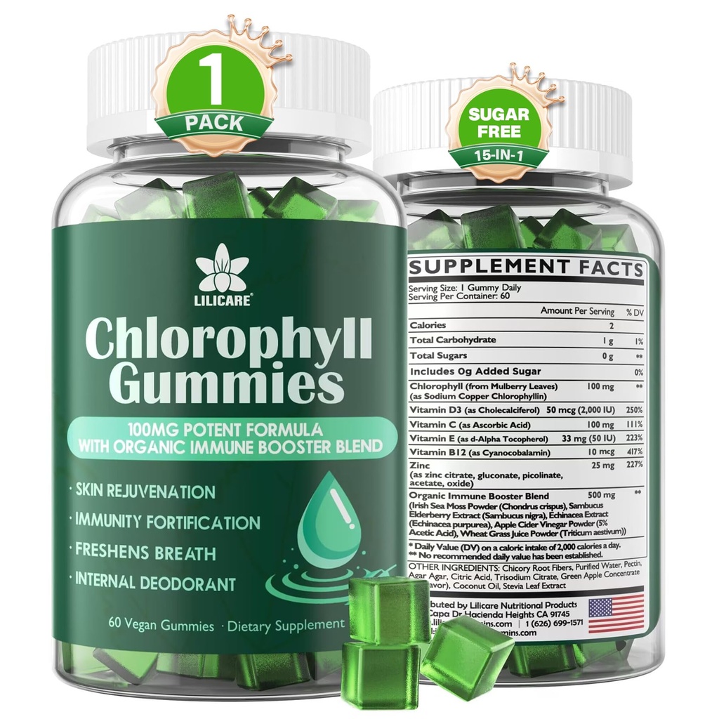 Chlorofylové guličky - Super zelené s pšeničnou trávou, morským machom, nefiltrovanými ACV a bazami, Echinacea, Zinkový komplex a vitamín D3, C, E, B12 pre prírodné dezodoranty, Immune & Digestion Support, 60 žuvačiek