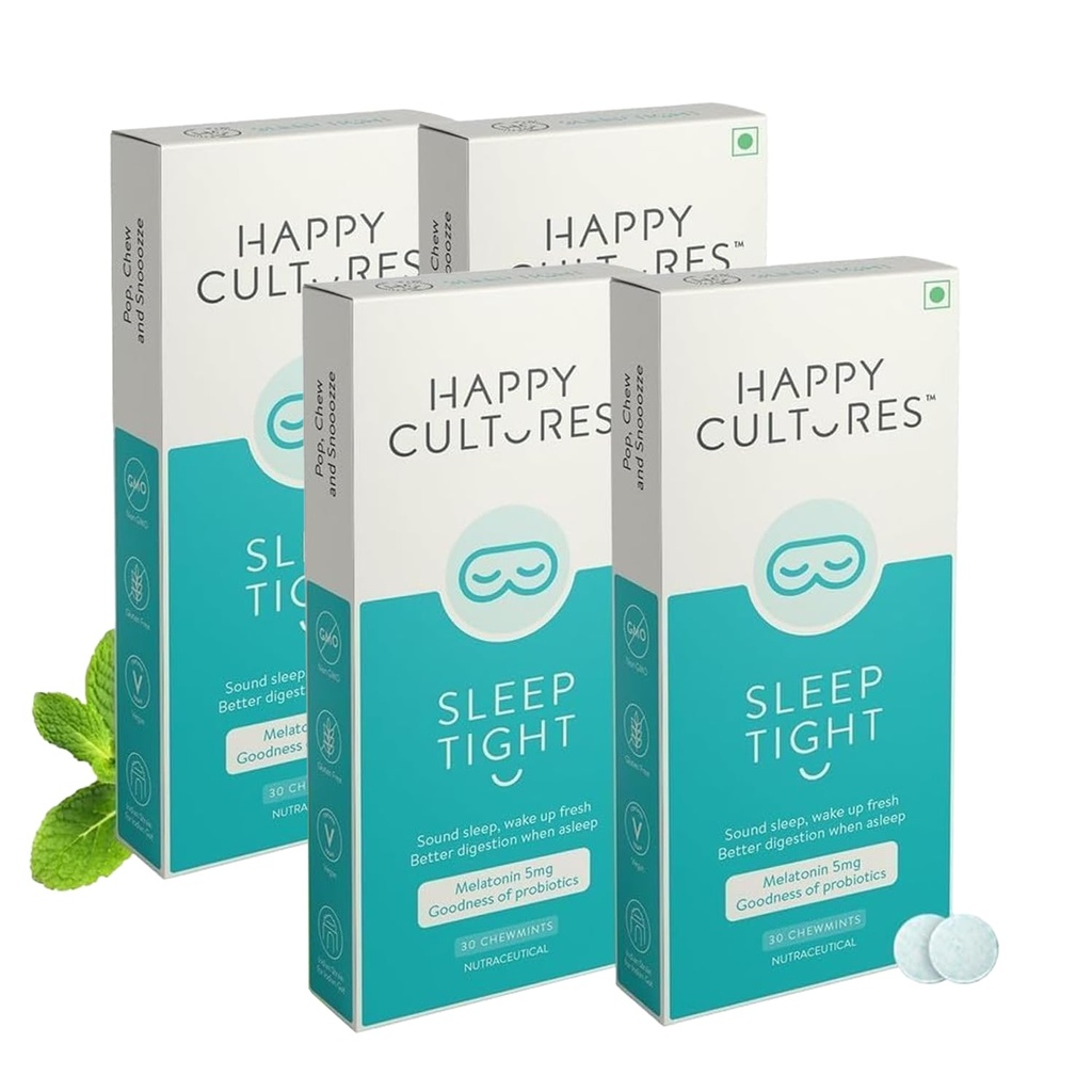 VELBIOM Happy Cultures Sleep Tight Melatonin 5Mg Probiotic Sleep Deeper & Wake Up Refreshed Non Addictive & Natural Sleep Cycle,Improves Digestion While Sleeping,120 Chewable Chewmints