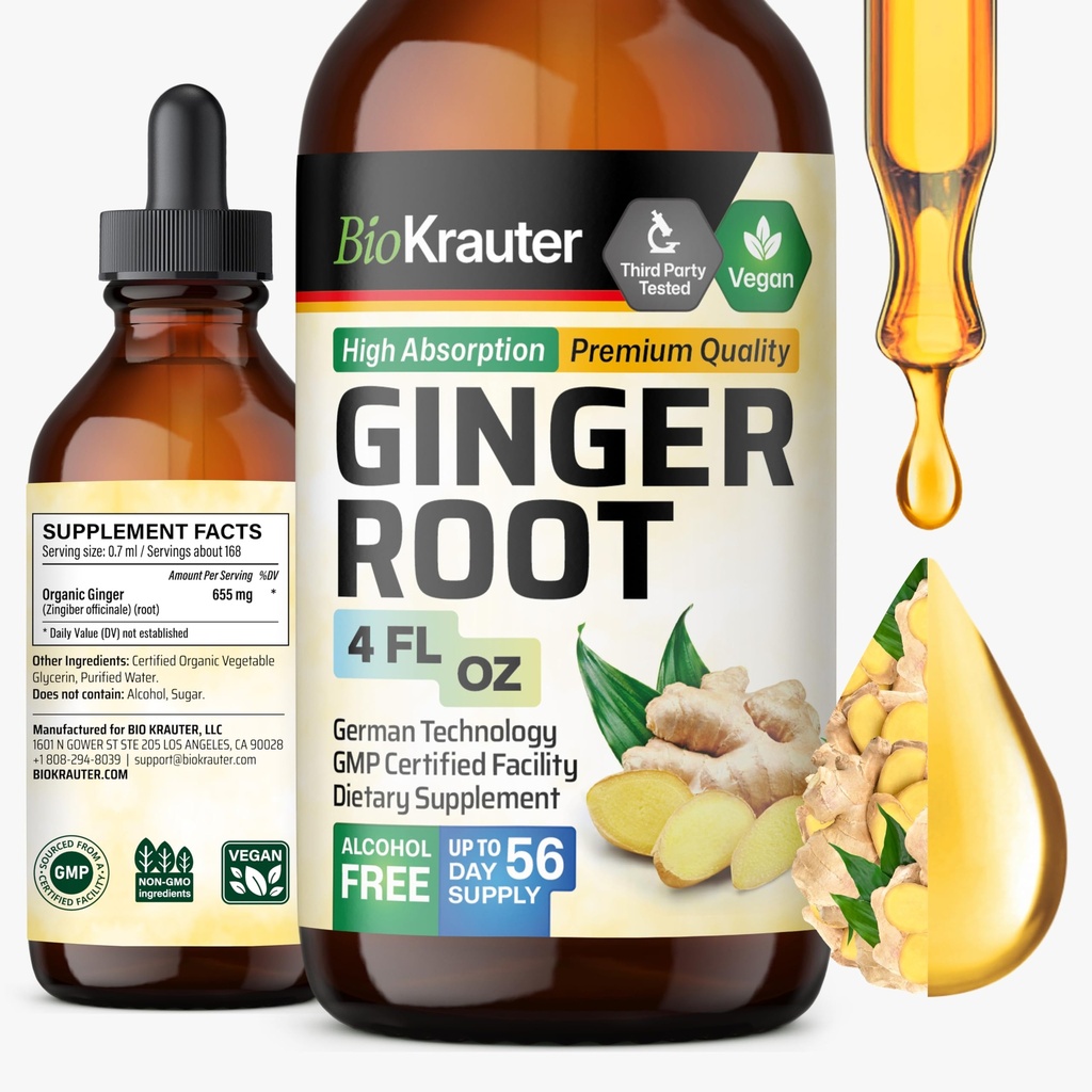 BIO KRAUTER Zázvorový extrakt - prírodné zázvorové doplnky pre celkový wellness - alkohol a cukor bez - Vegan kvapky 4 Fl.Oz.