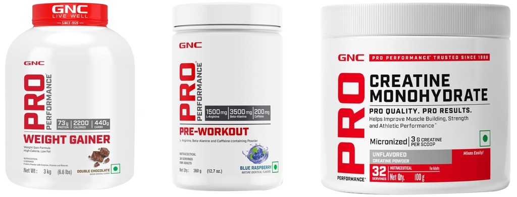 GNC Pro Performance Pre-Workout | 360 gm | Blue Raspberry + Weight Gainer|3 Kg | Double chocolate + Creatine Monohydrate | Unflavoured | 100gm (Combo Pack)