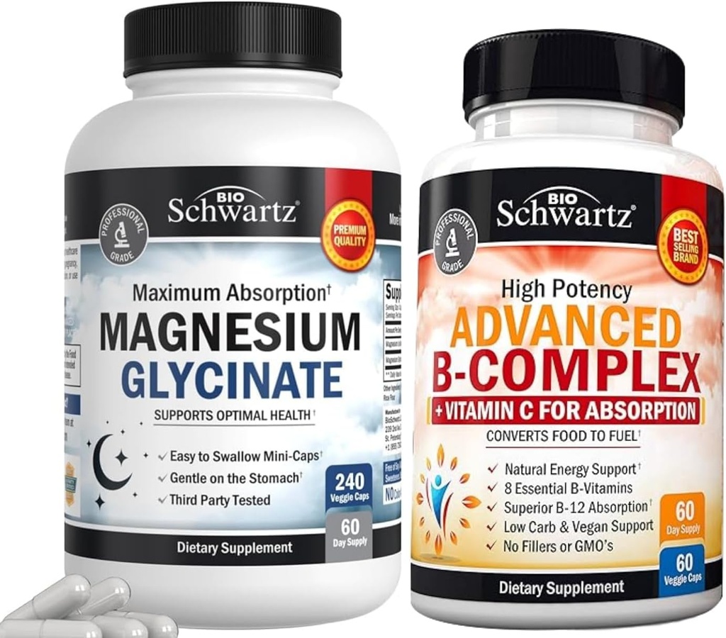 BioSchwartz vysoká absorpcia Magnézium Glycinát 500 mg kapsuly (2 mesiace dodávky) Plus vitamín B komplex s vitamínom C (2 mesiace dodávky)