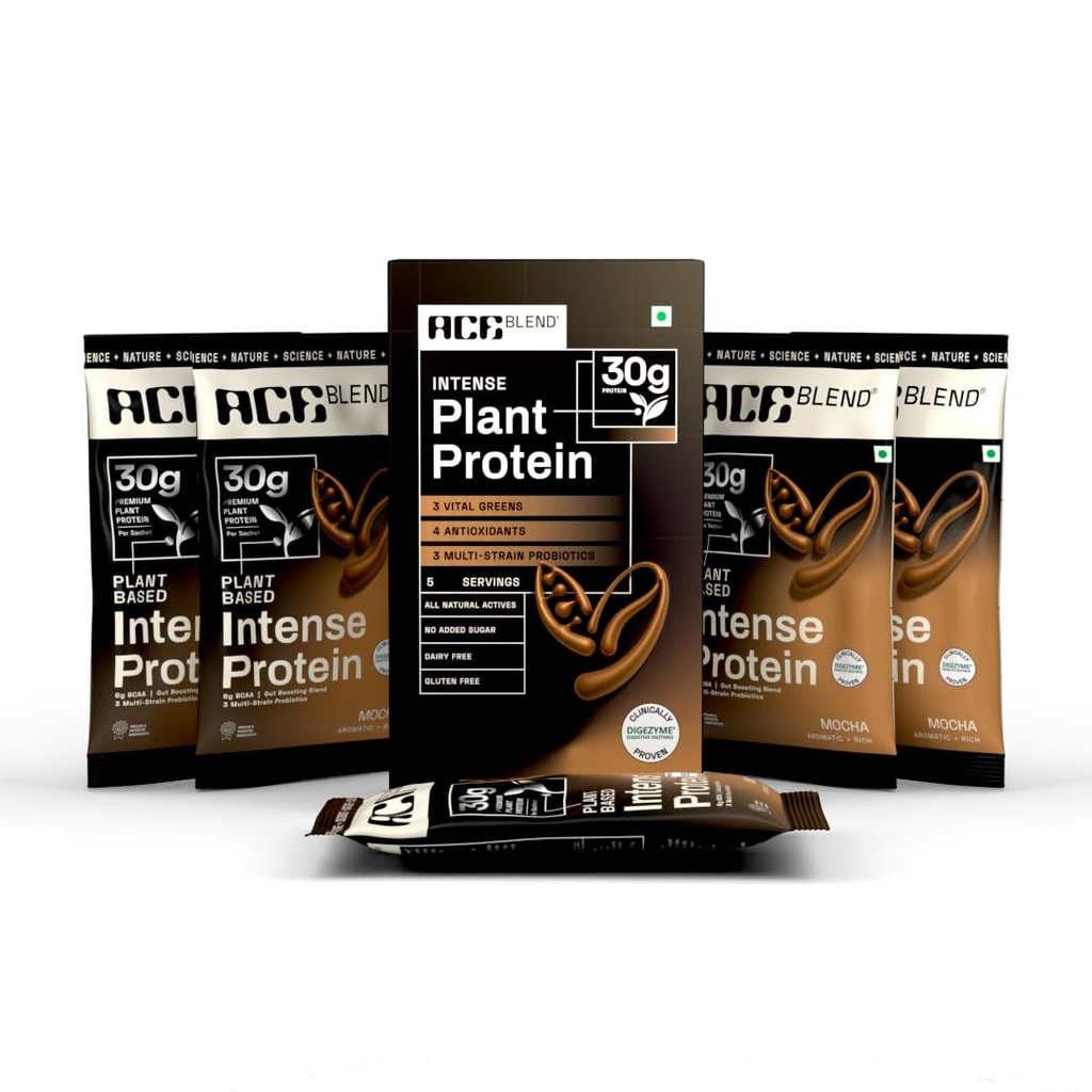 Ace Blend Intense 30g Plant Protein | Supports Muscle Growth & Recovery | Reduces Post-Workout Fatigue | 6g BCAA Amino Profile | Easy to Digest | For Men & Women | Mocha (5 Servings, 215g)