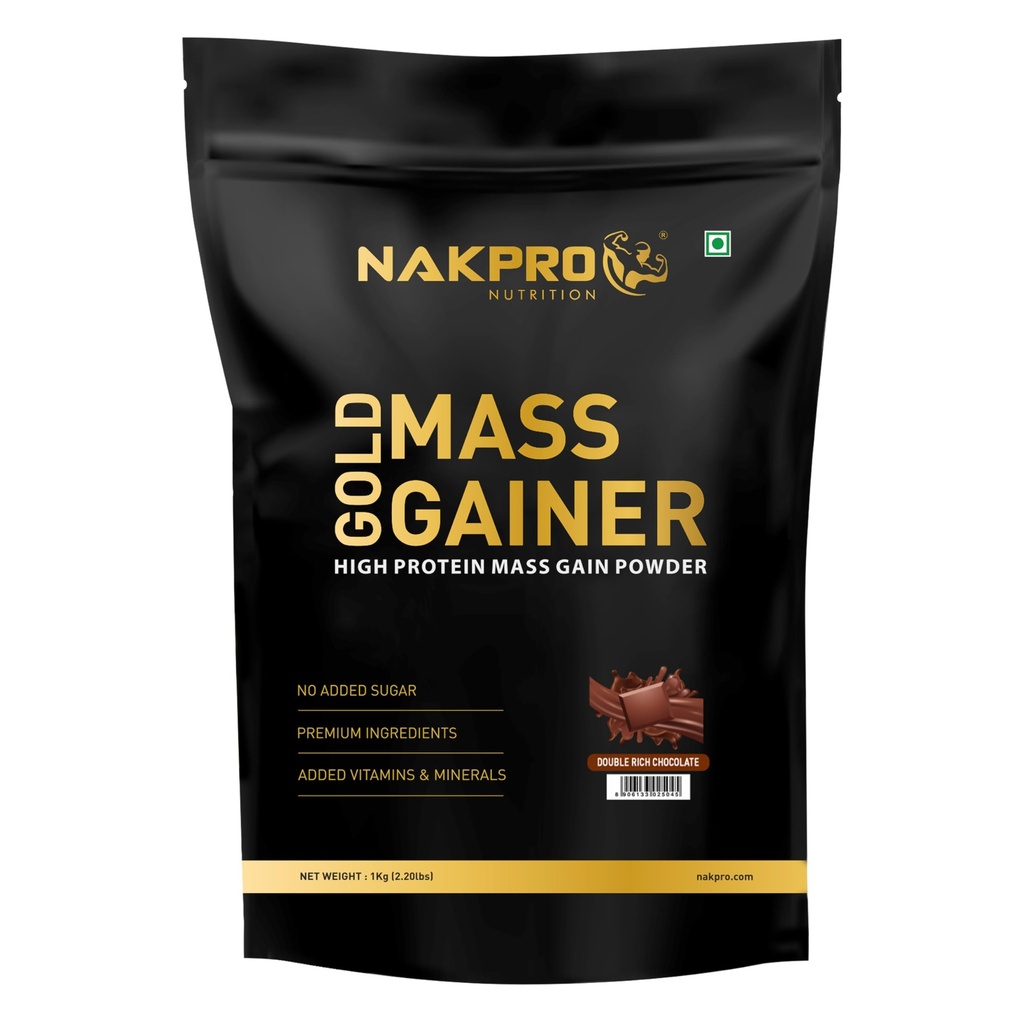 Nakpro Gold Mass Gainer Powder 1 Kg, Double Rich Chocolate| Lean Muscle Whey Protein Mass Gainer | 21g Protein, 68g Carb, 372 Calories Per Scoop for Muscle Support & Muscle Mass Gain