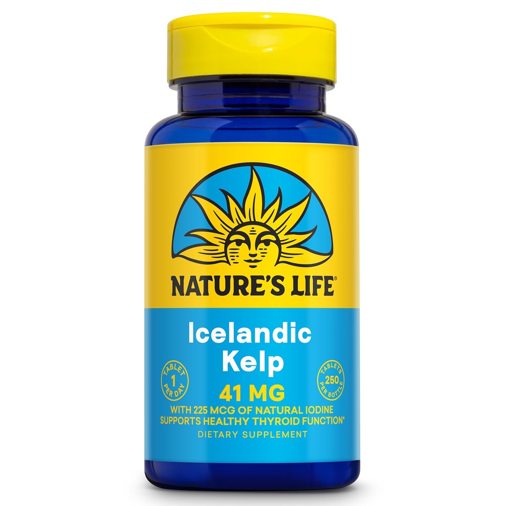 Nature's Life Iceland Kelp 41 mg - Sea Kelp Iodine Supplement from Island Seawater - Podpora štítnej žľazy pre ženy a mužov s 225mcg Prírodný jód - 60-dňová záruka, 250 Servings, 250 tabliet
