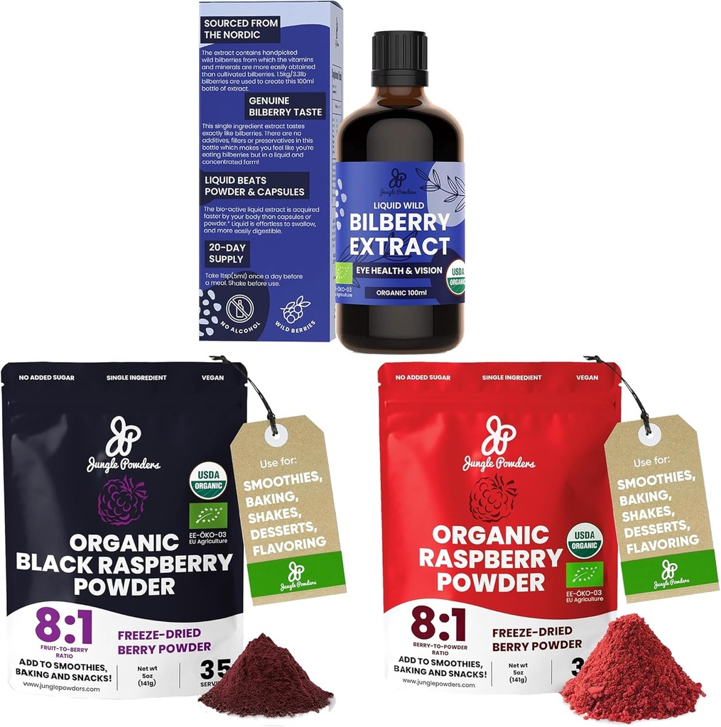 Jungle Powders Wild Čučoriedkový extrakt pre oči USDA Organic 3.4oz Fľaša, černošská červená Malinová prášok Bundle 5 Ounce taška, mrazené Sušené Maliny na pečenie smoothies Dehydrované ovocie