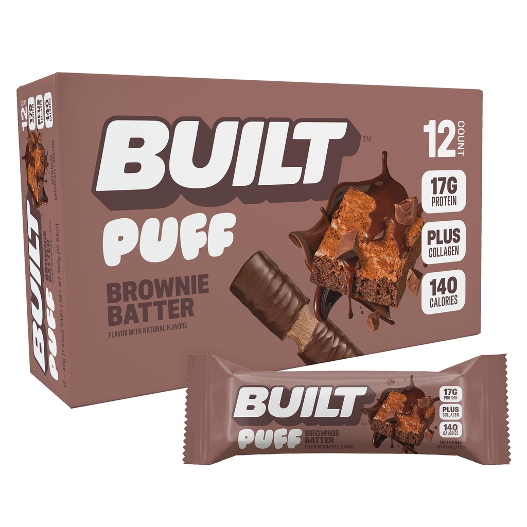 Postavený bar, Puff Protein Bars, Brownie Batter Puff, 17g Bielkoviny Snacks, On-The-Go Bars, Iba 140 kalórií, 6g Cukor, Kolagén, Gluten Free, 12 Počet