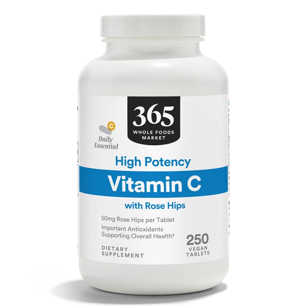 365 podľa trhu s celými potravinami, s vysokým obsahom vitamínu C s ružovými bokami, Vegan, 250 tabliet