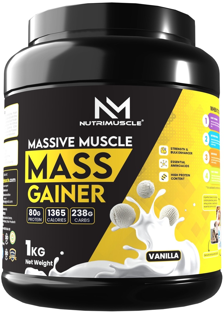 Nutrimuscle® Massive Muscle Mass Gainer, 1 Kg (Vanilla Flavour) – Whey Protein Blend with Complex Carbohydrates & Creatine Monohydrate for Muscle, Mass & Strength Gain