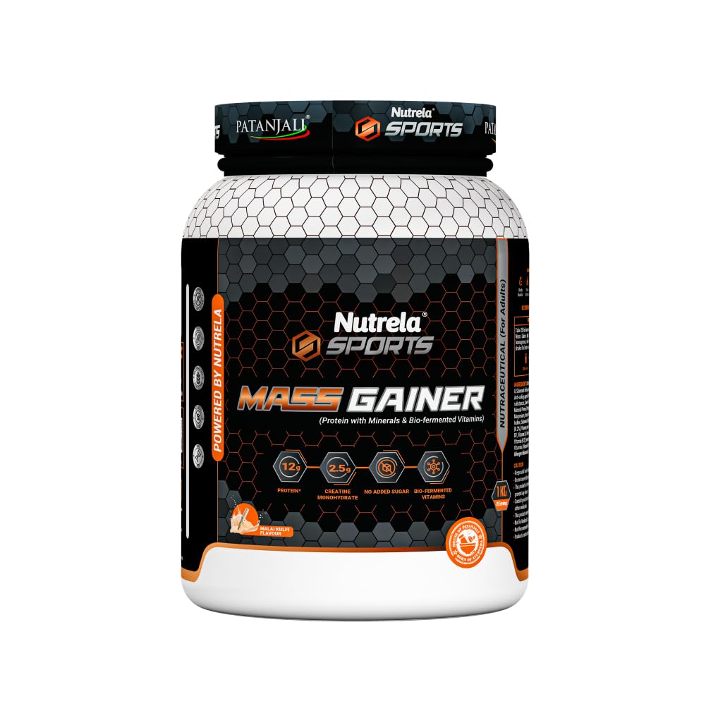 Nutrela Sports Mass Gainer Protein Powder 1 kg (Malai Kulfi) | With 2.5g Creatine, 33.1g Carbs & Biofermented Vitamins