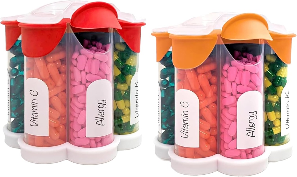 Extra Large Pill Organizer Daily, Weekly, Monthly Supplement Bottle, Cute Blossom Pill Dispenser with 7 XL Compartments (2 Pack Combo) (Orange and Red)