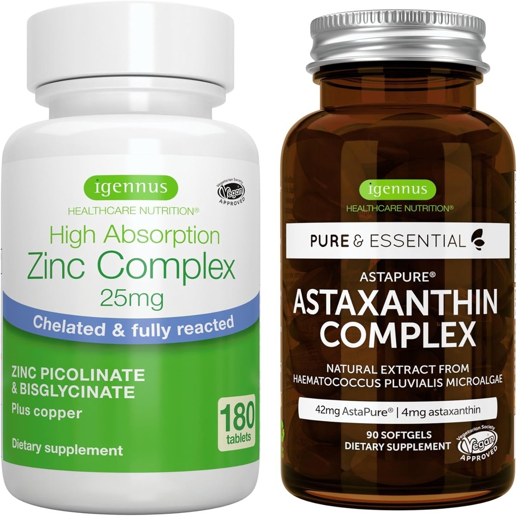Astaxantin Complex + Zinkový komplex Vegan Bundle, Antioxidant Podpora pre pokožku, vlasy a nechty, Igennus
