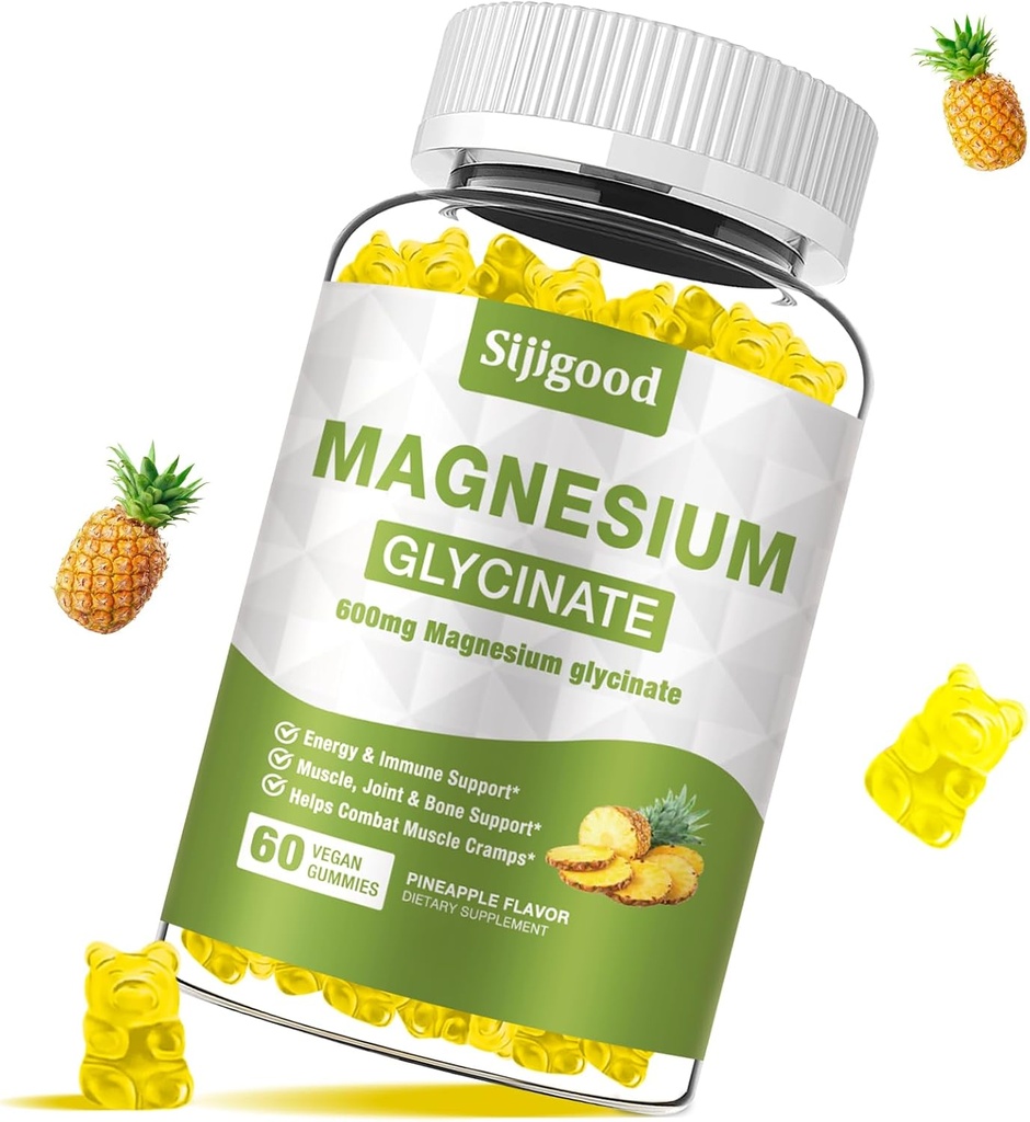 Magnesium Glycinate Gummies 600mg, Relaxation & Zzz Support, Magnesium Potassium Supplement for Adults and Kids Sugar-Free, Vitamin C, B6 and CoQ10 Pineapple Flavor, 60 Count