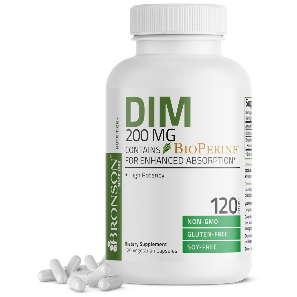 Bronson DIM doplnok 200 MG Diindolymetánu s BioPerine pre zvýšenú absorpciu, Estrogen Metabolizmus a udržanie vyváženej hladiny hormónov, 120 Vegetariánske kapsuly
