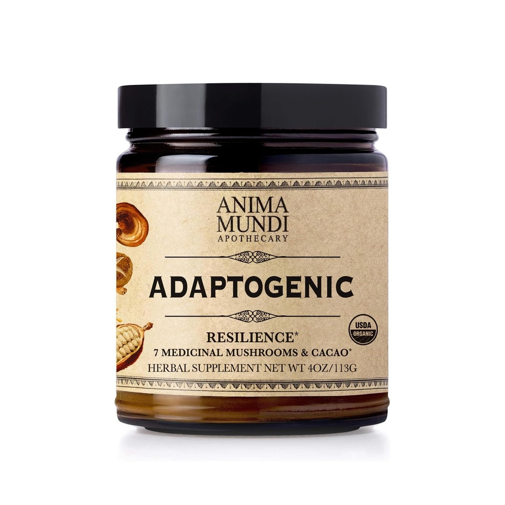 Anima Mundi Apothecary Organic Mushroom Supplement - Adaptogénne huby + Cacao - Vzpierací prášok s organickou Lion's Mane, Shiitake, Chaga & More - Pridať do kávy, čaju a smoothies (4oz / 113g)