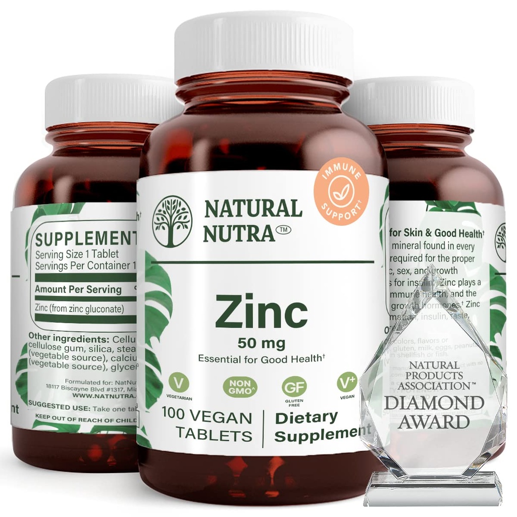 Natural Nutra Zinok Glukonát 50 mg Doplnok pre imunitnú podporu, podporuje zdravie pokožky, poskytuje ľahkosť od chrípky a studenej, Boost Learning & pamäť, zvýšiť chuť a vôňu, lepok zadarmo 50 mg 100 Vegan Tablety