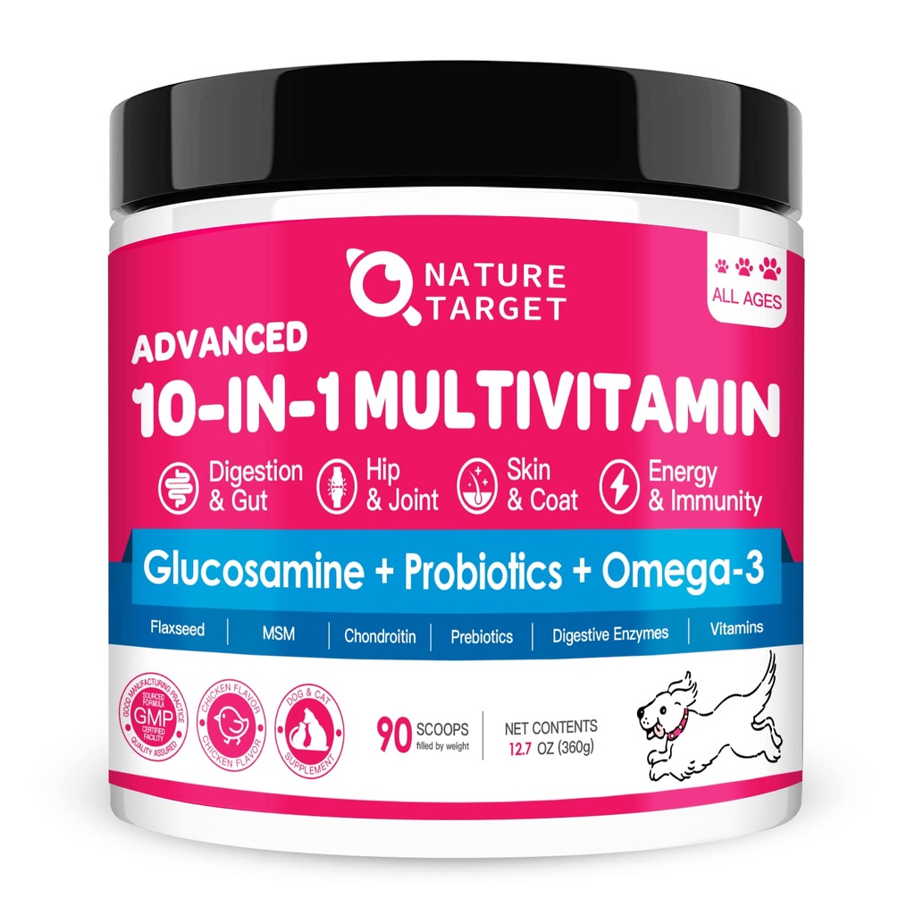 NATURE TARGET Psie vitamíny prášok, probiotiká a tráviace enzýmy pre zdravie Gut, glukozamín a chondroitín a Omega 3, kompletný doplnok pre domáce psie potraviny, spoločné a kožné a imunitná podpora
