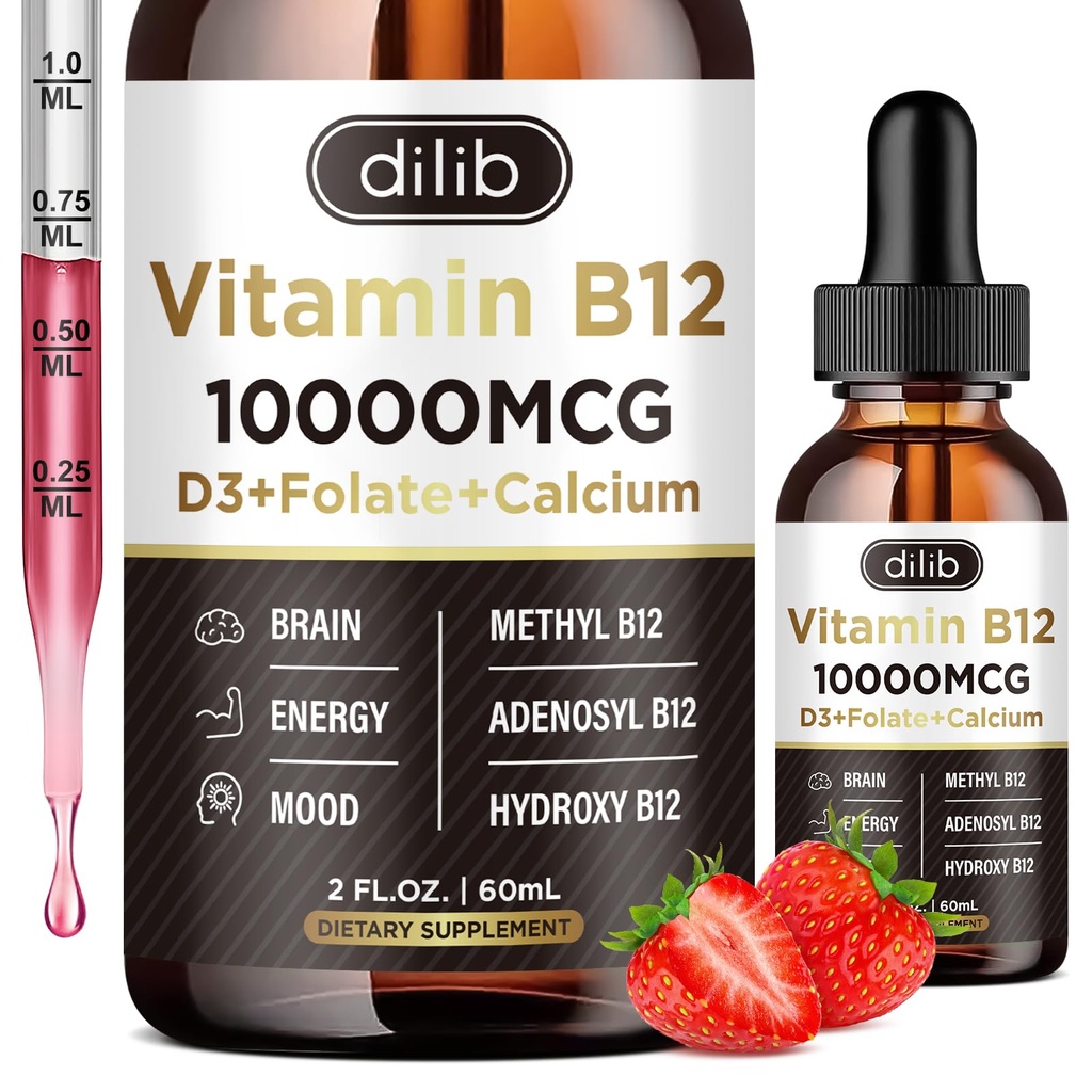 Vitamín B12 Tekuté kvapky Sublingválne 10000 μg, Triple B-12 Complex Supplement, Metyl & Metylkobalamín zmes pre ženy a mužov, Mood & Energy Booster, Metylated B 12 pre metabolizmus a podporu zdravia