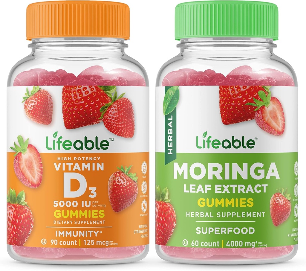 Životaschopný vitamín D 5000 IU + Moringa Leaf, Gummies Bundle - veľké ochutnávky, vitamínové doplnky, bez lepku, bez GMO, žuvacia Gummy