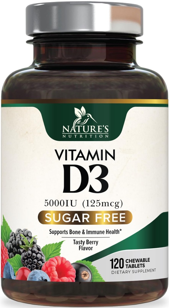 Vitamín D3 5000 IU (125 μg) Príroda extra sila Vitamín D doplnok Žuvateľný pre imunitnú podporu zdravie - kosti, zuby a svalové doplnky - bez cukru, bez GMO, bez lepidla - 120 počet tabliet