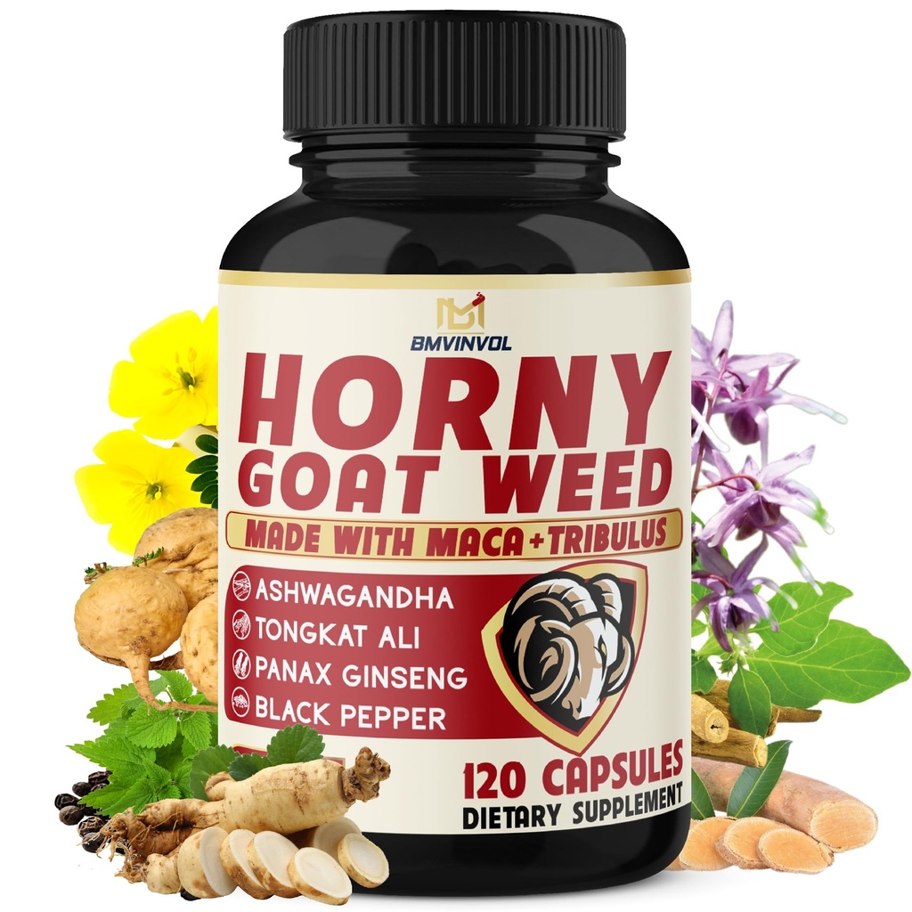 BMVINVOL Horny Koza Weed for Men and Women with Maca, Tribulus, Ginseng, Ashwagandha, Tongkat Ali - 120 Kapsule od 4 mesiac Dodávka