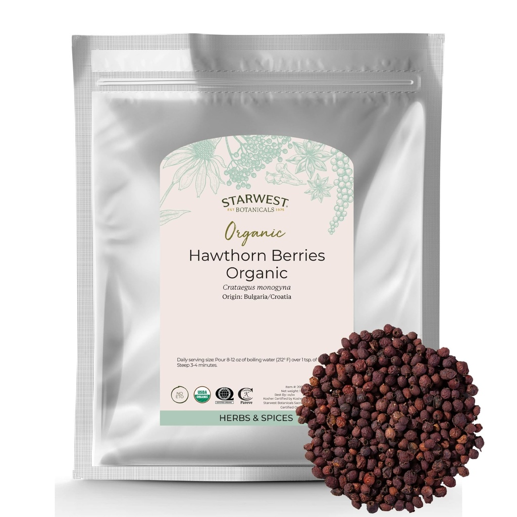 Starwest Botanicals Organic Hawthorn Berries Celé - Sušený voľný list Herb na čaj, Jam, a bylinné extrakty, Prírodné trávenie Podpora, Certified Kosher, Non-GMO - hromadne 1 lb Bag