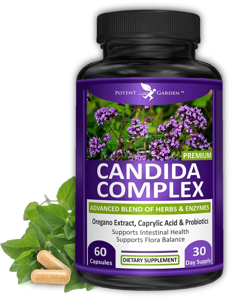 Silná záhrada Candida Complex - Oregano a kyselina kaprylová Blend, Gut Flora Balance Complex, Intestinálne zdravie a imunitná podpora s bylinkami a probiotikami, Gut zdravotné doplnky pre ženy a mužov 60 Počet