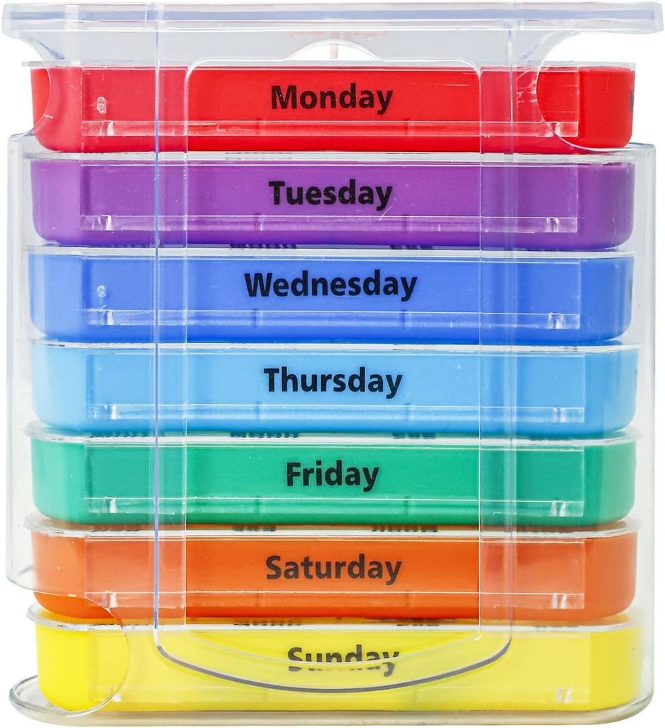 Týždenný Organizátor piluliek pre 1 deň 4 Časové zásoby,KIGI 7 dní Stackable pilulky dávkovač vitamínov (Rainbow)