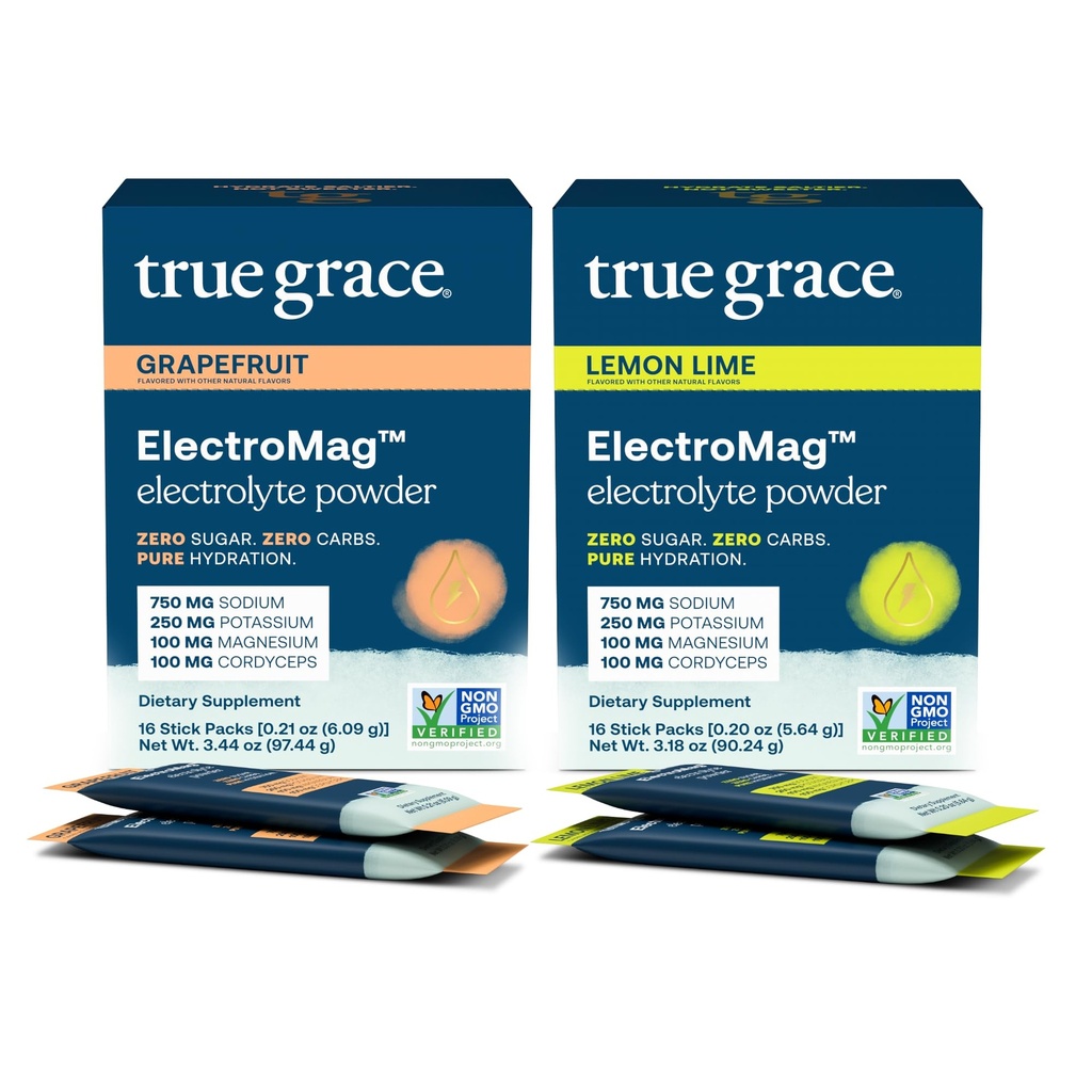 Pravá Grace ElectroMag - Grapefruit (16 tyčiniek) + Citrónová vápno (16 tyčiniek) - Powder pre rýchlu hydratáciu - Zero Cukor & Carbs - Non-GMO - 32 Celkové služby