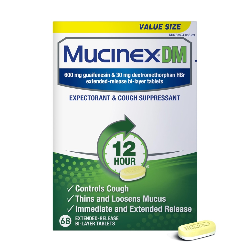 Mucinex DM 12Hr Chest Congestion & Cough Medicine Pre dospelých, Cold And Cough Medicine for Prebytok Mucus Relief, 600 mg Guaifenesin & 30 mg Dextrometorfan HBr, 68 Bi-Layer Tablets