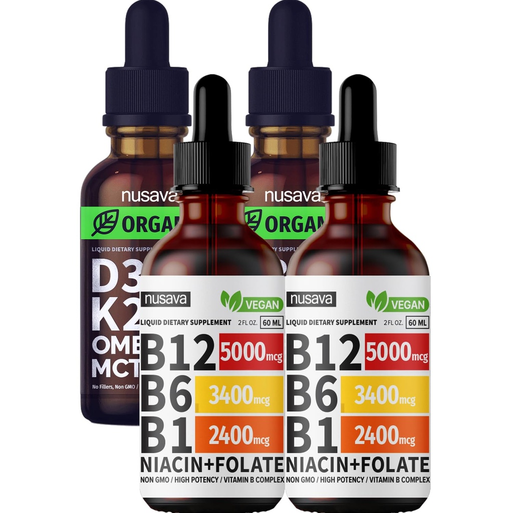 NUSAVA Vitamín B12 Tekuté kvapky a neochutené D3 K2 Bundle - Silné tekuté vitamíny pre srdce, kĺb, energia, a imunitná podpora - non-GMO, bez lepidla, 2pk Každý