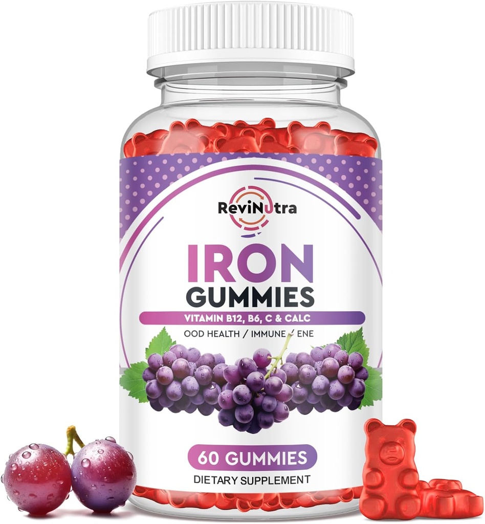 Železo Gummy - s vápnikom, zinkom, folátom a vitamínom B12, C, B6 pre dospelých a deti - Blood Builder & Energy Support for Iron Deficient, Anémia, Vegan - Grape Arous,60 Gummies