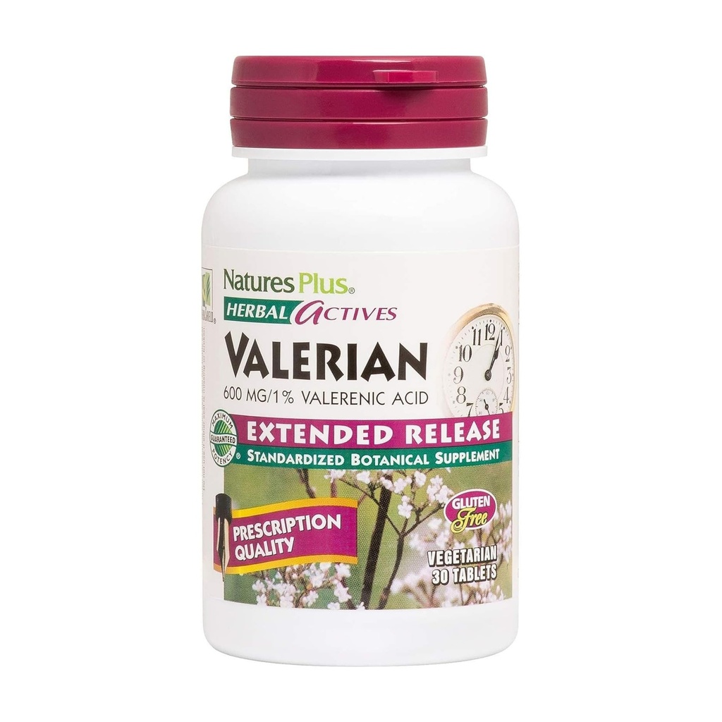 Natures Plus bylinné látky Valerian Tablety s predĺženým uvoľňovaním - 600 mg, 30 Vegan Tablety - Vegetariánska, bez lepku - 30 Servisov