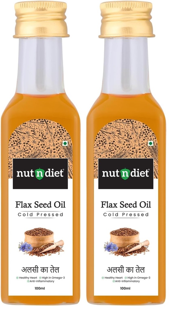 nutndiet Cold Pressed Flaxseed Unrefined Oil 100ml Glass Bottle | Alsi Ka Tel | Pure Omega 3-Rich for Heart Health & Immunity | Multipurpose Oil (Pack of 2)