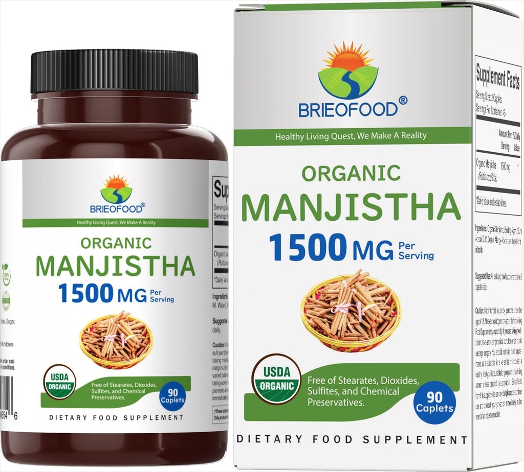 Brieofood Organic Manjistha 1500mg, 45 Servings, Vegetarián, Gluten Free, 90 Vegetariánske tablety