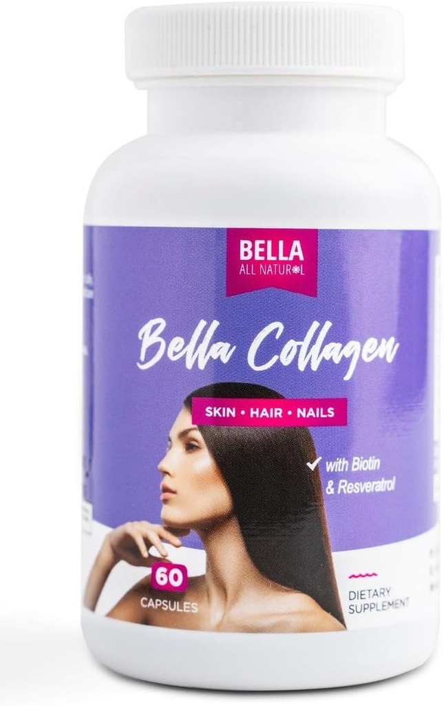 Bella All Natural Collagen Colageno, Hair, Skin and Nails, 60caps