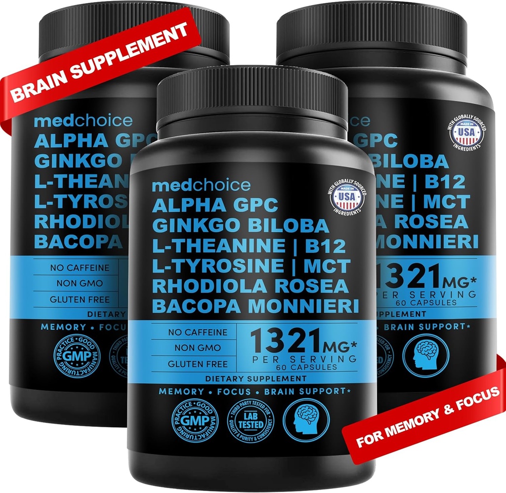 12-in-1 Noottropic Brain Supplement Anhydrous: Ginkgo Biloba pre podporu mozgu, pamäť a zameranie - B12, Alpha GPC, L Theanine a Choline Doplnky s Bioperine Non Caffeinated 1321mg (180ct)