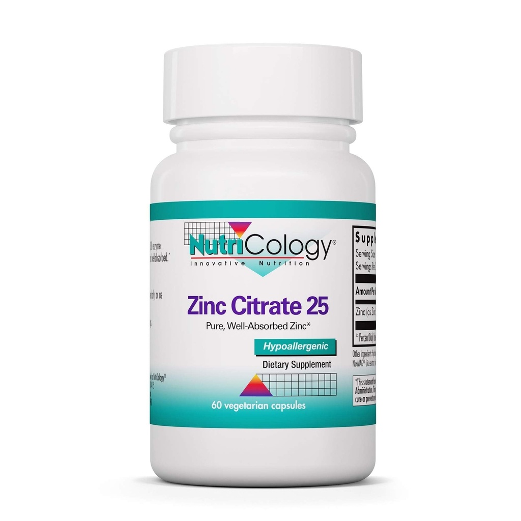 Nutricology Zinkový Citrát Supplement - 25mg Zinok pre mužov a ženy, Imunitná podpora, Čistá, dobre udržiavaná, dobre tolerovaná, Stopové minerály, Vegetariánske kapsule - 60 gróf