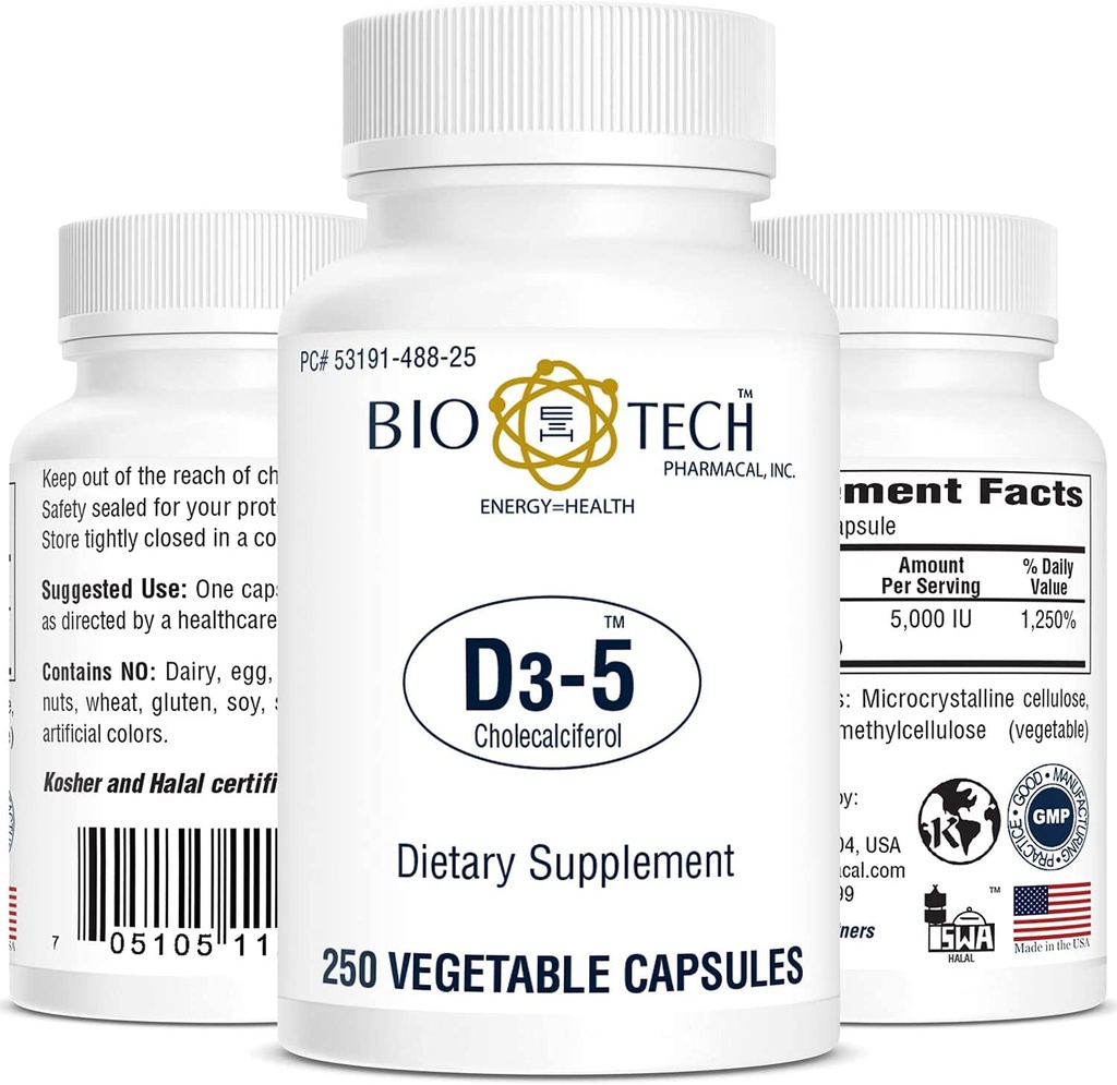 Bio-Tech Pharmacal Vitamín D3 (D3-5 5k IU, 250 Veg Počet)