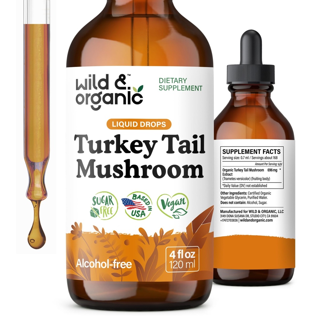 Wild & Organic Turkey Tail Mushrom Tinture - Immune Support Drops with Turkey Tail Extract - Liquid Mushrom Supplement for Gut Support - Vegan, Sugar & Alcohol-Free - 4 fl oz