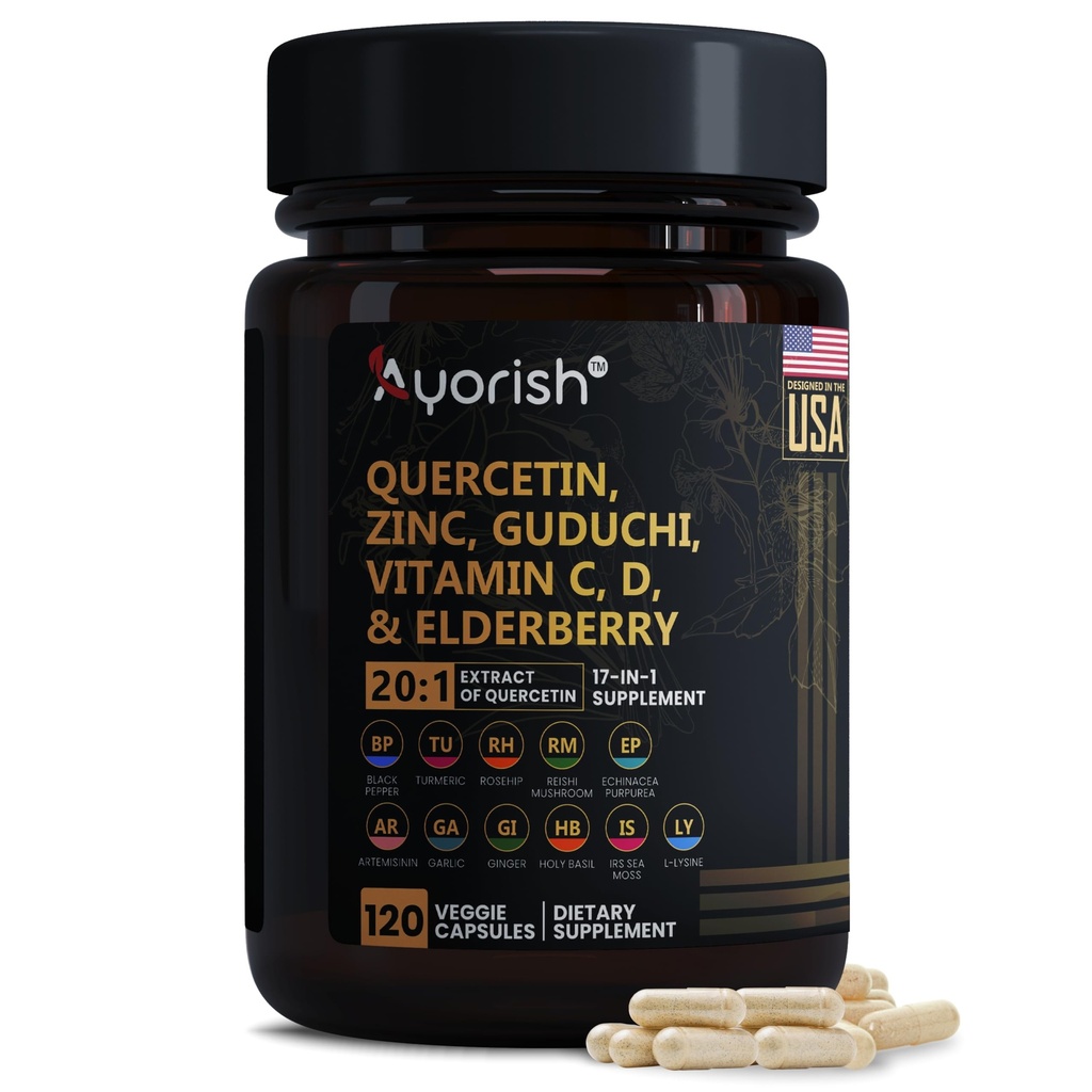 Quercetin Zinok Vitamín C Vitamín D Hypromelóza Staršie plody - Pľúcna imúnna podpora Doplnková látka Dospelí s Artemisinínom, morskou machou, Echinaceou, alergickou úľavou 120 Počet