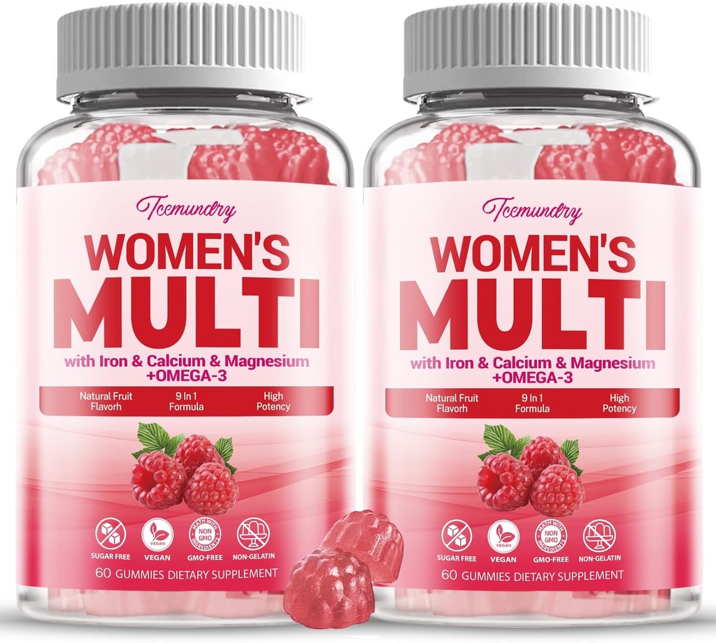 Ženy bez cukru Multivitamínové Gumičky - vysoká absorpcia Multivitamín pre ženy Gummy s Omega-3, astaxantín, vápnik, železo, vitamín A, C, D3, K2, E, B6, B12 - podporuje pokožku, vlasy, energiu, imunitné